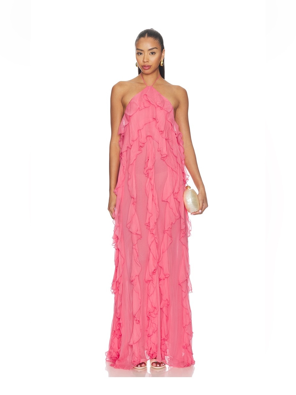 Ronny Kobo Collection Coral Pink Ruffle Maxi Dress